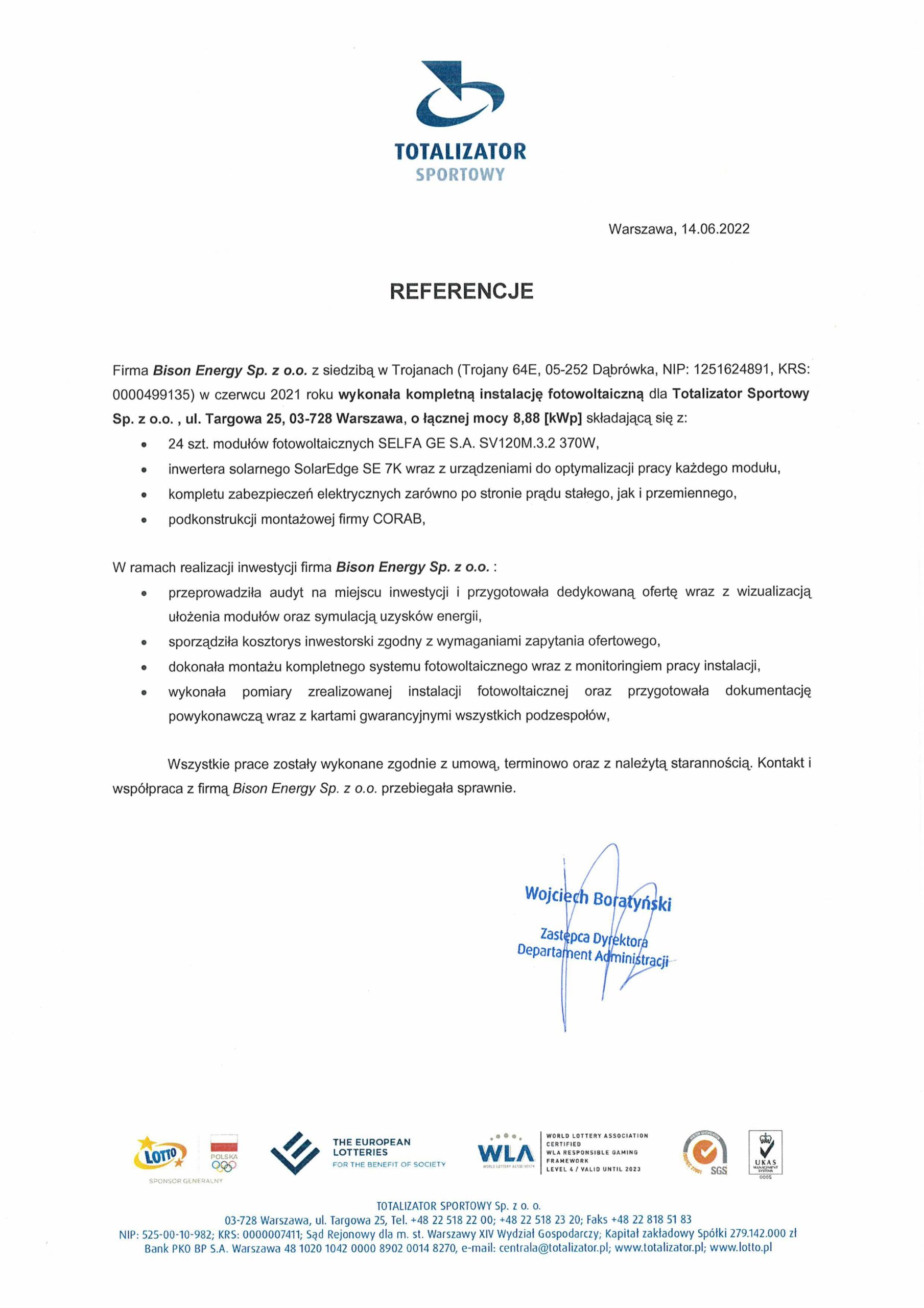 Referencje dla Bison Energy od Totalizatora Sportowego.